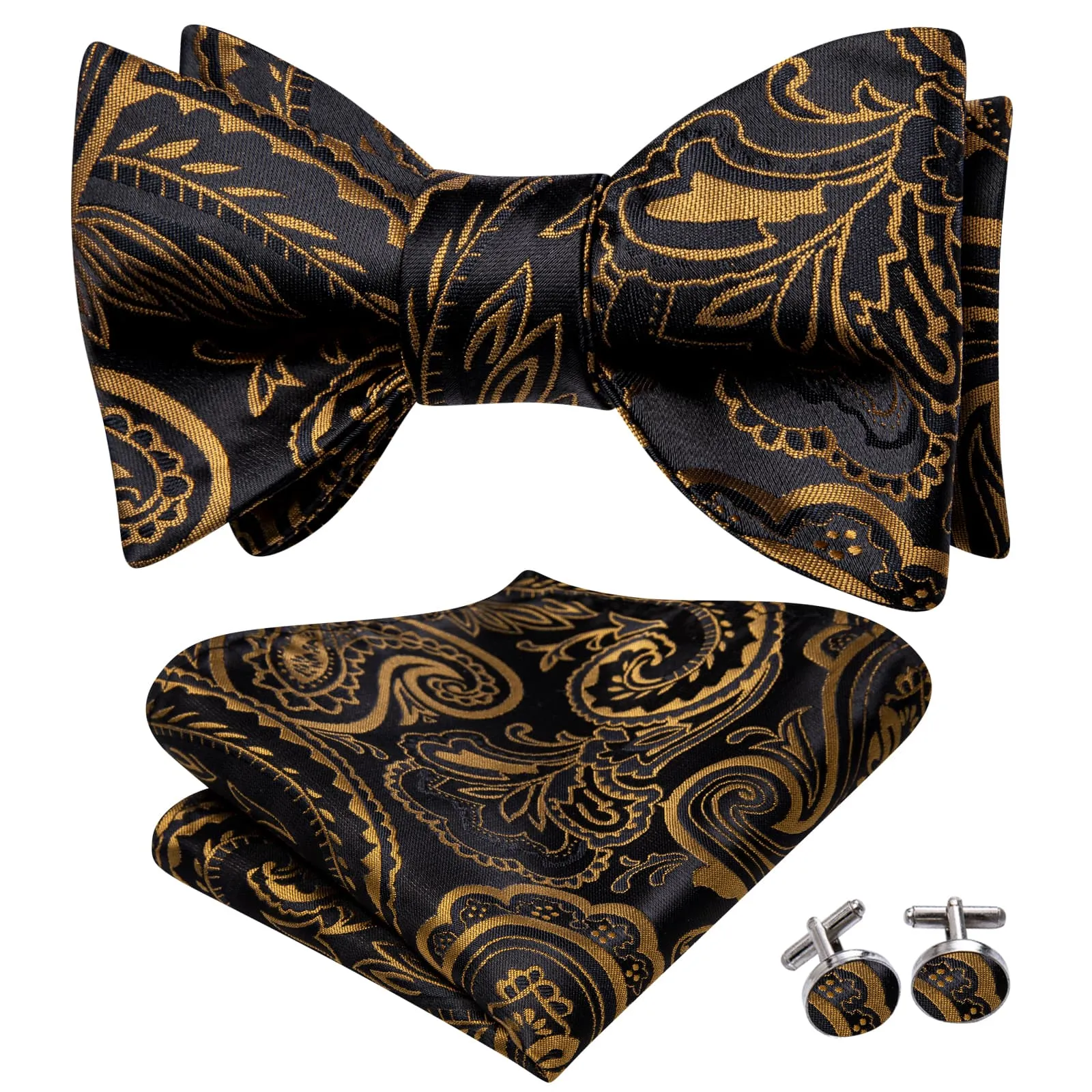 Hi-Tie Black Gold Jacquard Floral Self Tie Bow Tie Hanky Cufflinks Set