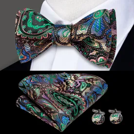 Hi-Tie Black Green Paisley Self-tied Bow Tie Hanky Cufflinks Set