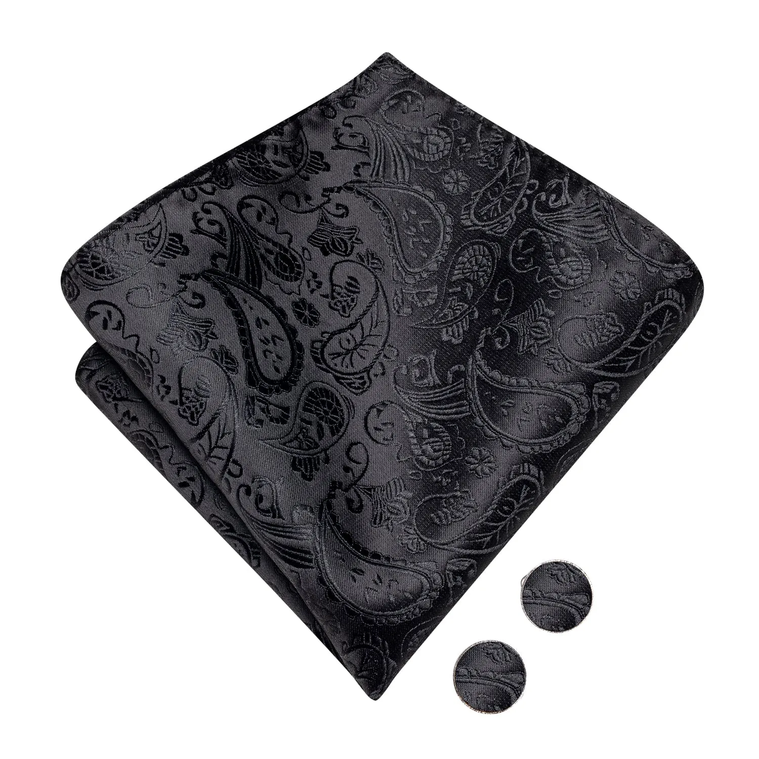 Hi-Tie Black Paisley Silk Pre-tied Mens Bow Tie Hanky Cufflinks Set