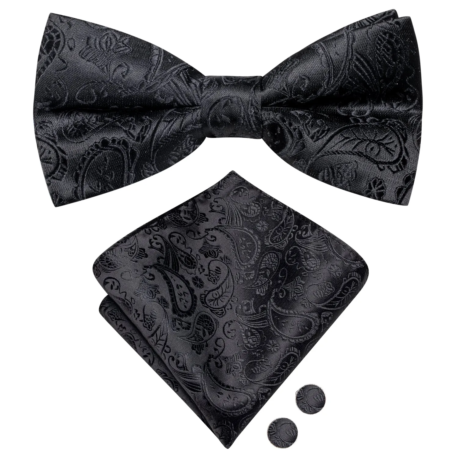 Hi-Tie Black Paisley Silk Pre-tied Mens Bow Tie Hanky Cufflinks Set