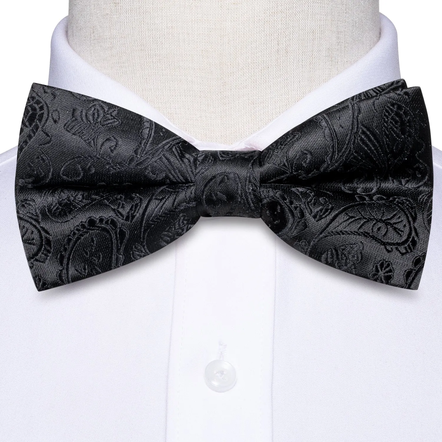 Hi-Tie Black Paisley Silk Pre-tied Mens Bow Tie Hanky Cufflinks Set