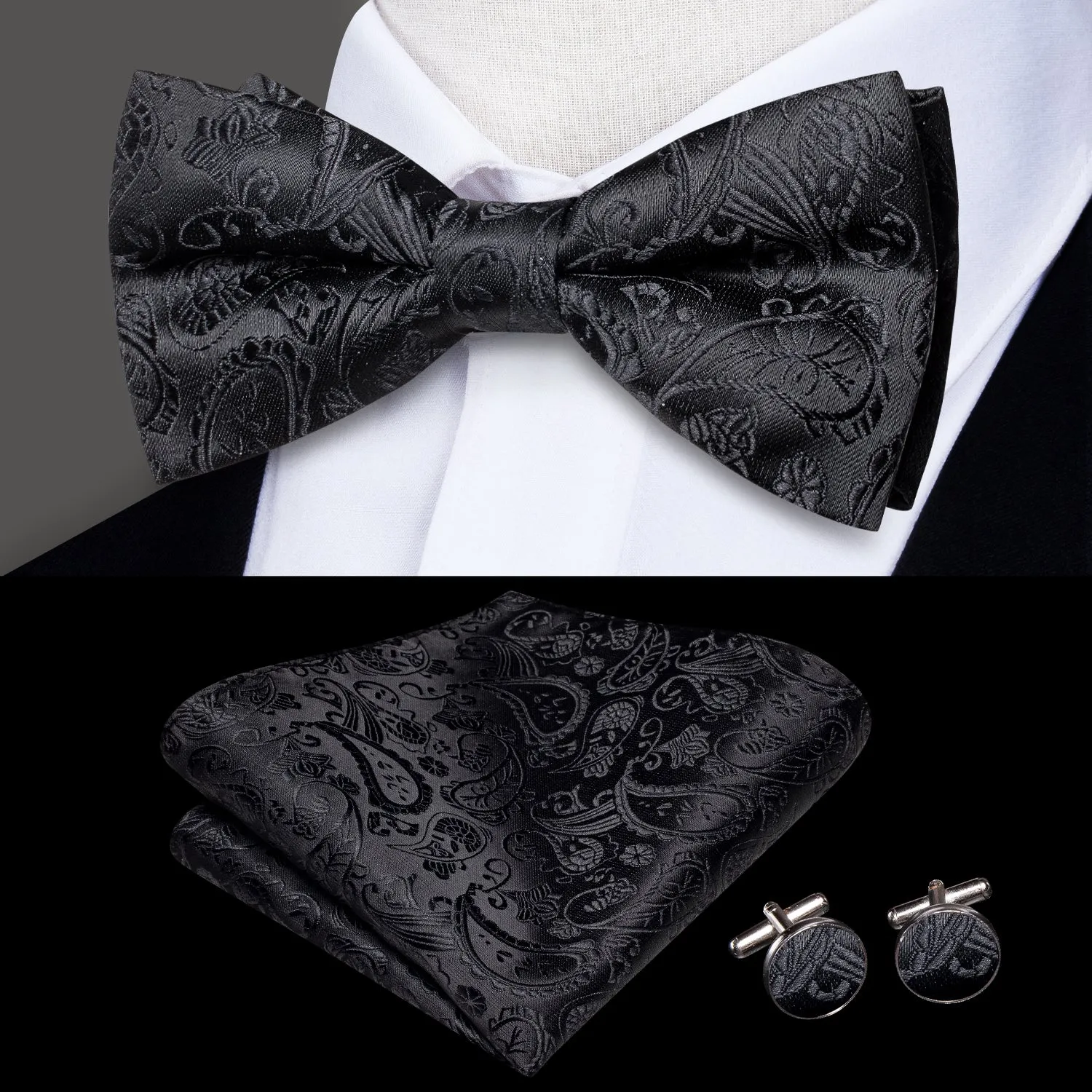 Hi-Tie Black Paisley Silk Pre-tied Mens Bow Tie Hanky Cufflinks Set