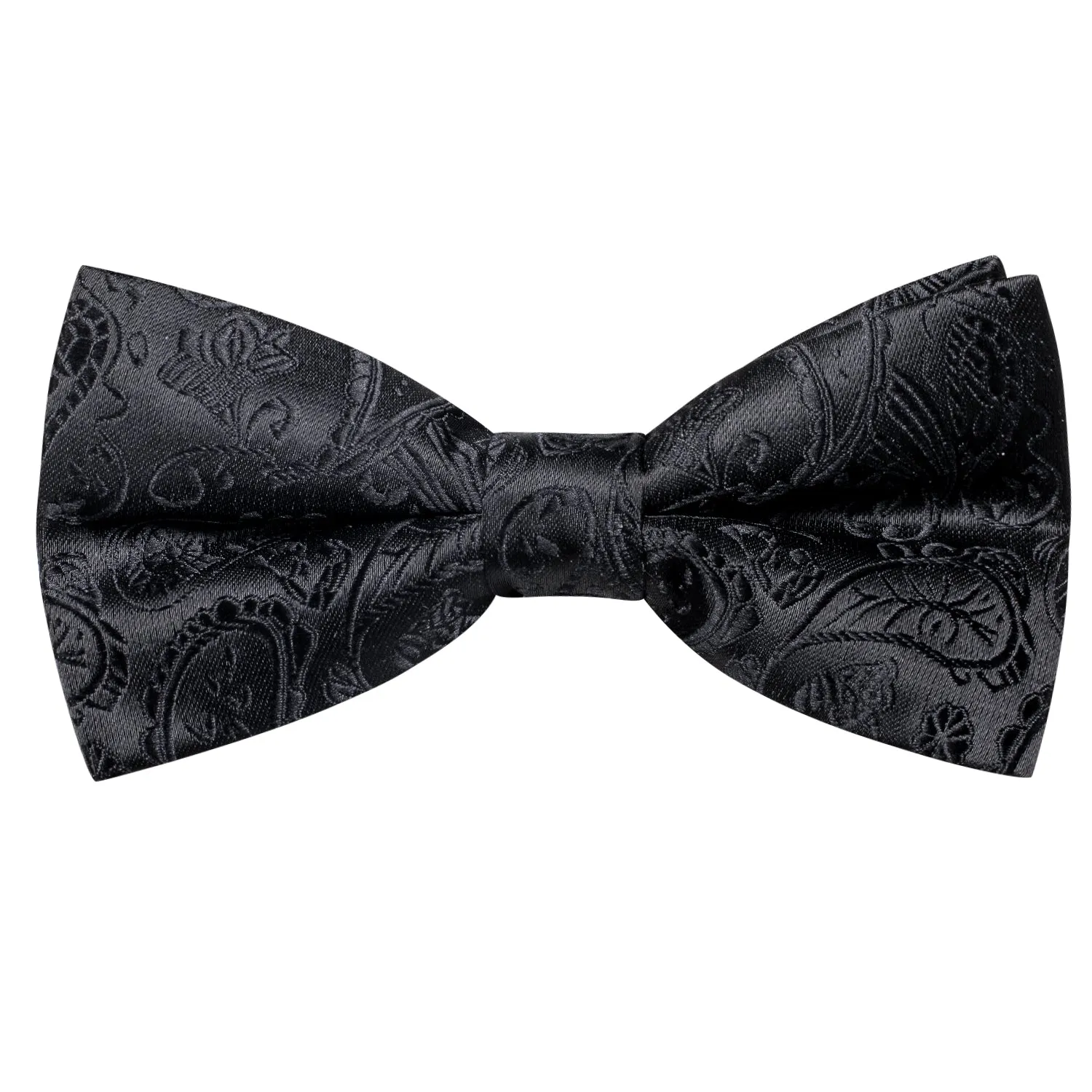 Hi-Tie Black Paisley Silk Pre-tied Mens Bow Tie Hanky Cufflinks Set