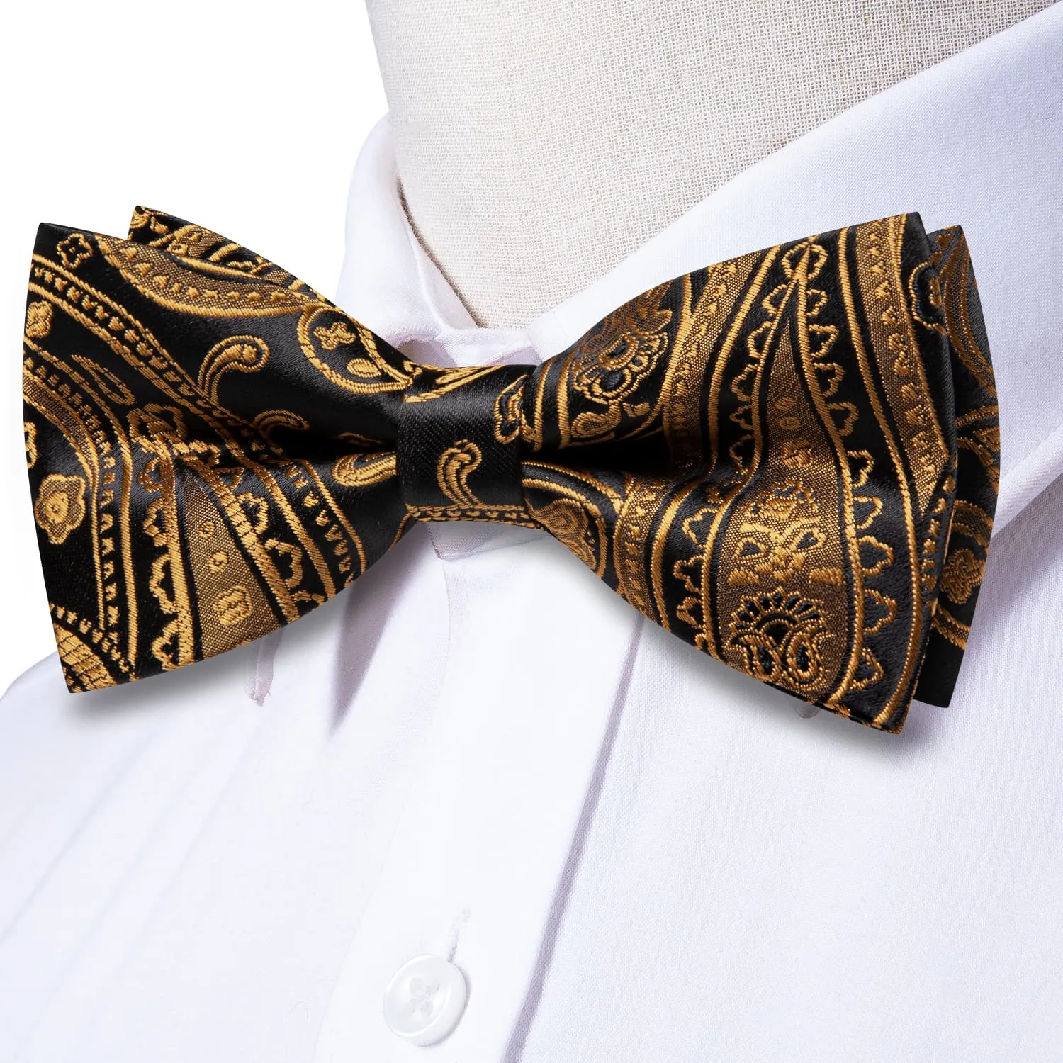 Hi-Tie Black Pale Gold Paisley Pre-Tied Bowtie Hanky Cufflinks Set
