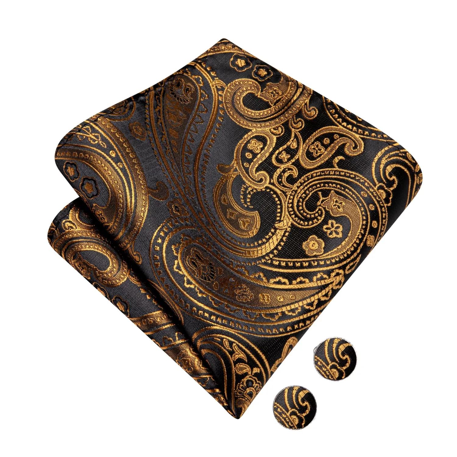 Hi-Tie Black Pale Gold Paisley Pre-Tied Bowtie Hanky Cufflinks Set