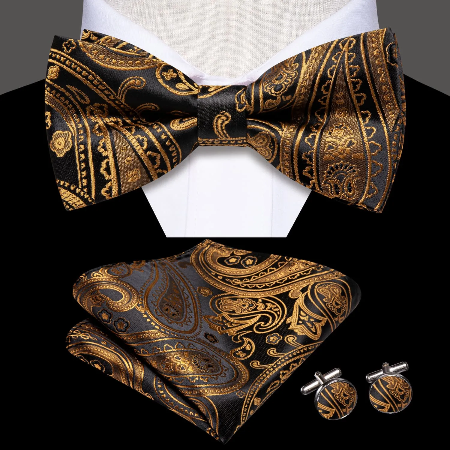 Hi-Tie Black Pale Gold Paisley Pre-Tied Bowtie Hanky Cufflinks Set