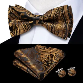 Hi-Tie Black Pale Gold Paisley Pre-Tied Bowtie Hanky Cufflinks Set