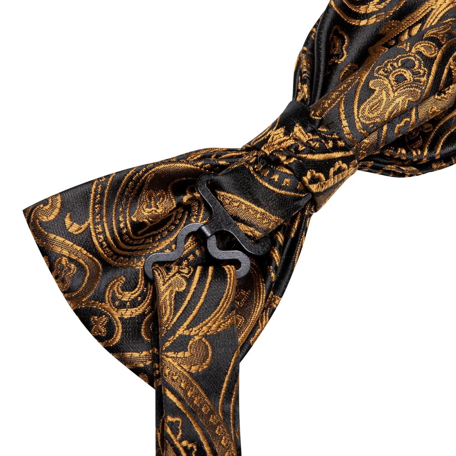 Hi-Tie Black Pale Gold Paisley Pre-Tied Bowtie Hanky Cufflinks Set