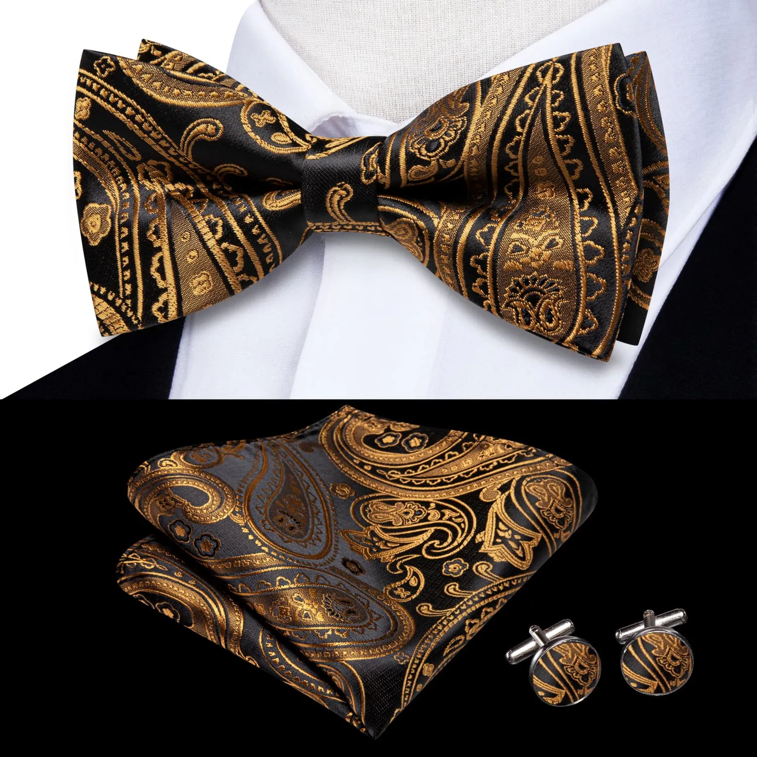 Hi-Tie Black Pale Gold Paisley Pre-Tied Bowtie Hanky Cufflinks Set