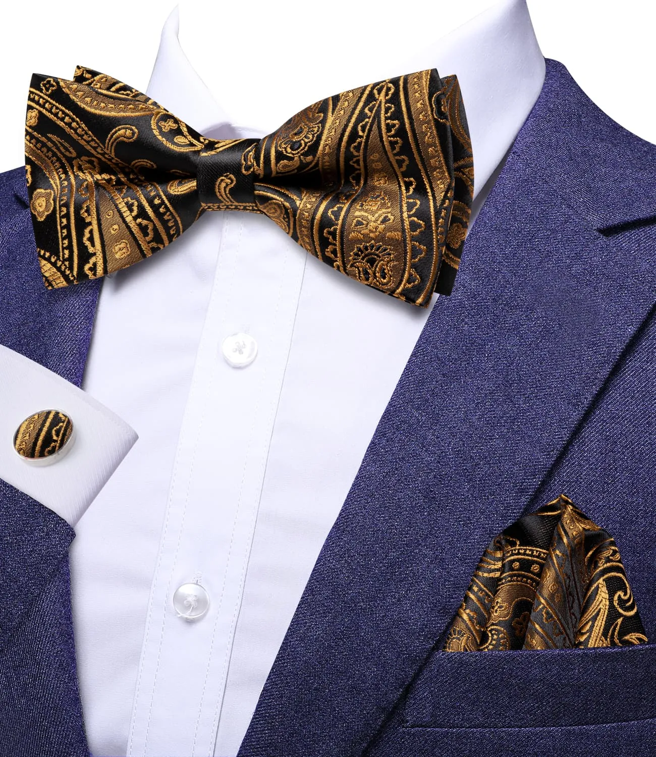 Hi-Tie Black Pale Gold Paisley Pre-Tied Bowtie Hanky Cufflinks Set