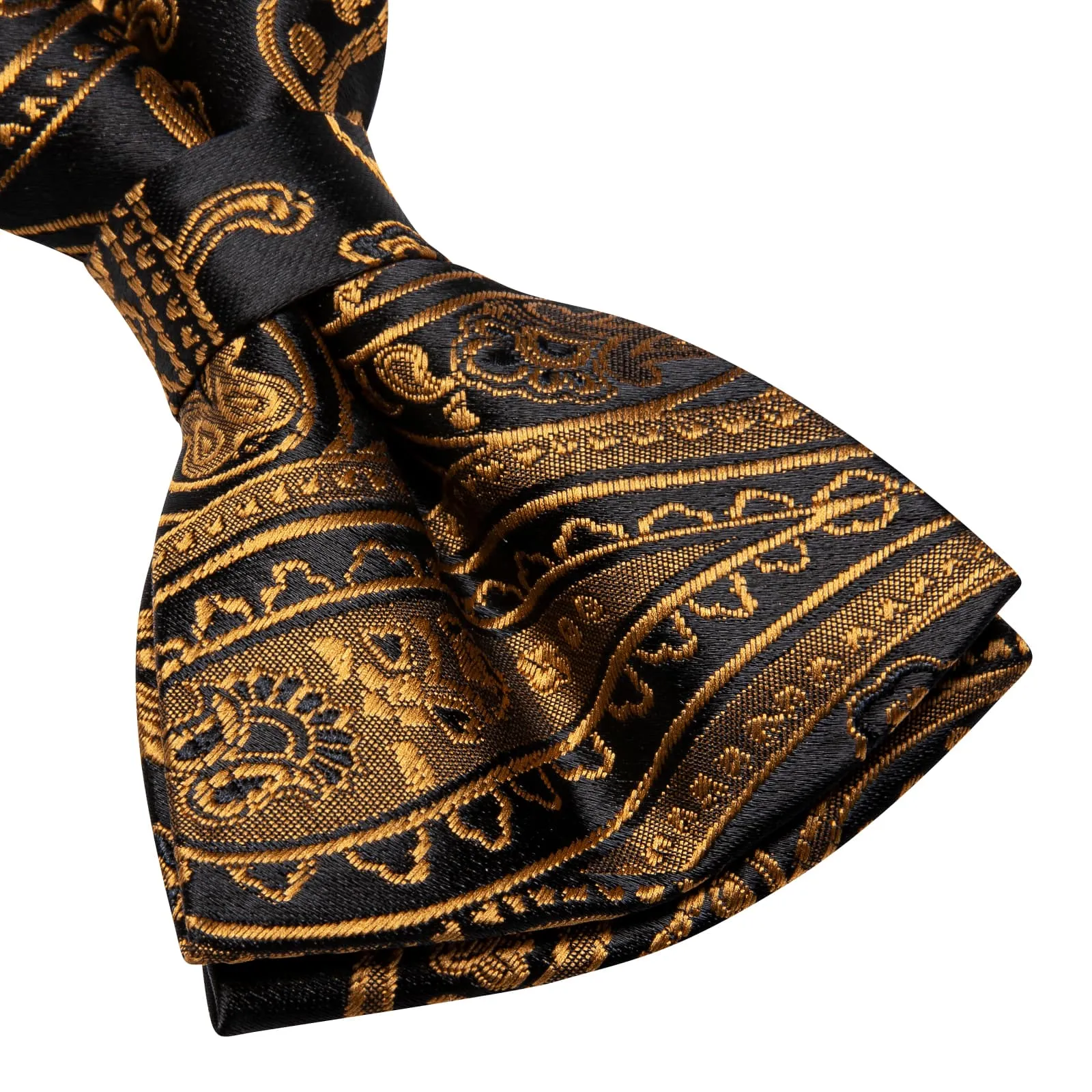 Hi-Tie Black Pale Gold Paisley Pre-Tied Bowtie Hanky Cufflinks Set