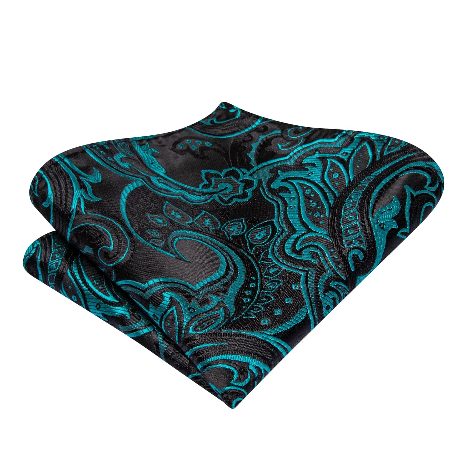 Hi-Tie Black Teal Blue Paisley Jacquard Mens Bowtie Hanky Cufflinks Set