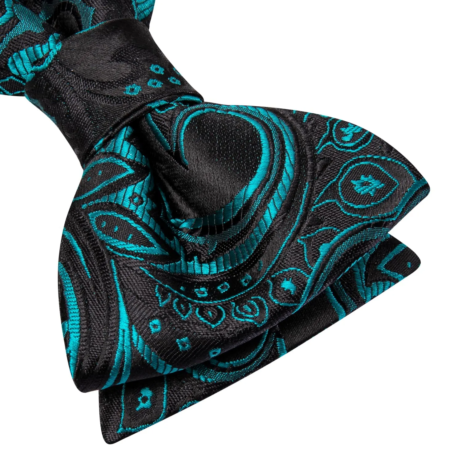 Hi-Tie Black Teal Blue Paisley Jacquard Mens Bowtie Hanky Cufflinks Set