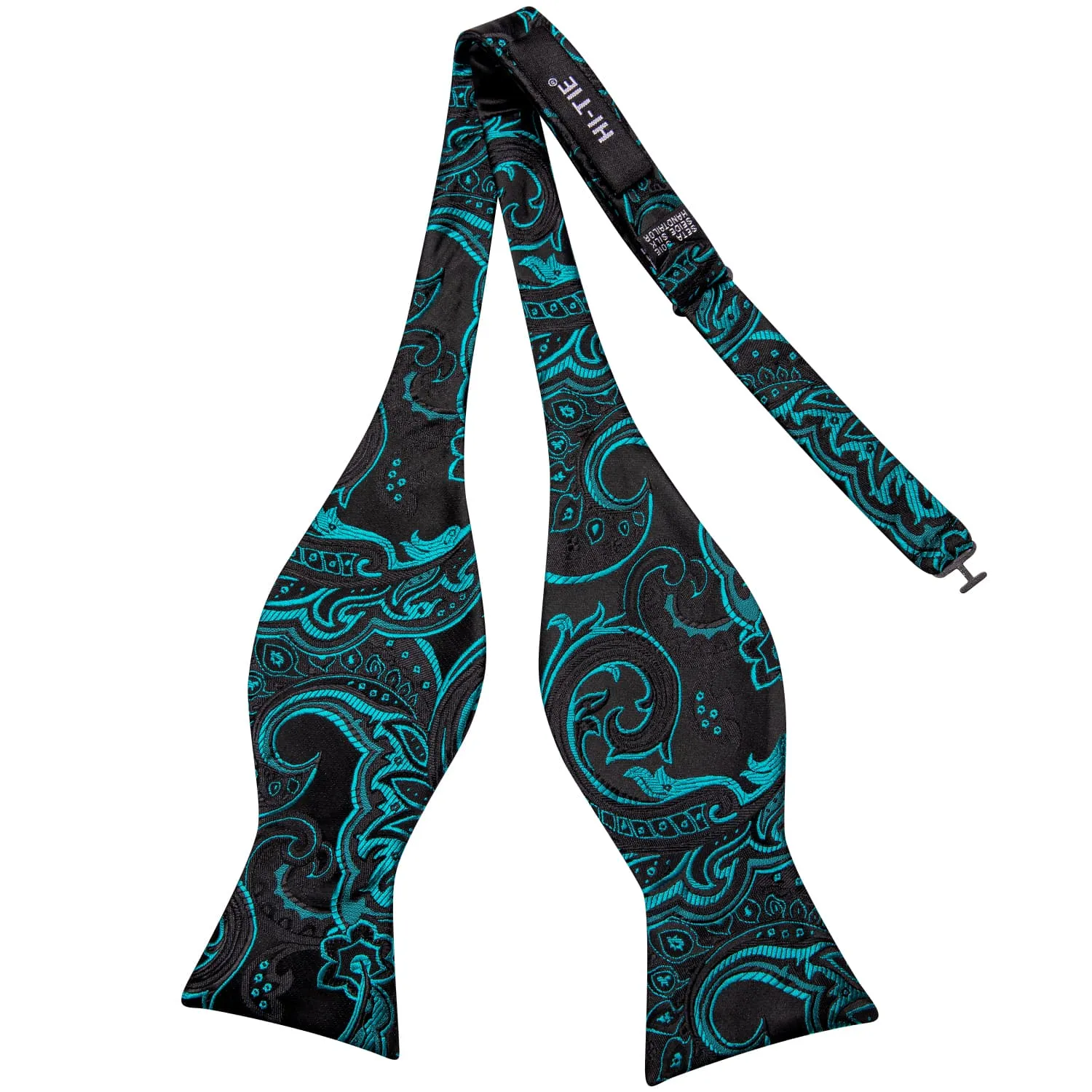Hi-Tie Black Teal Blue Paisley Jacquard Mens Bowtie Hanky Cufflinks Set