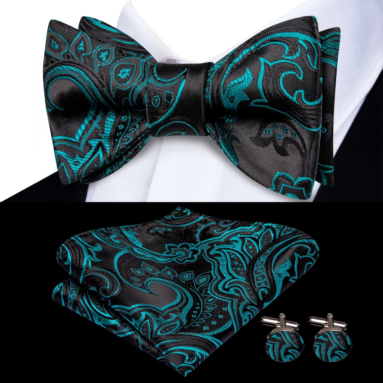 Hi-Tie Black Teal Blue Paisley Jacquard Mens Bowtie Hanky Cufflinks Set