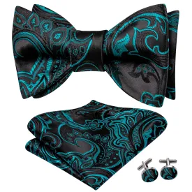 Hi-Tie Black Teal Blue Paisley Jacquard Mens Bowtie Hanky Cufflinks Set