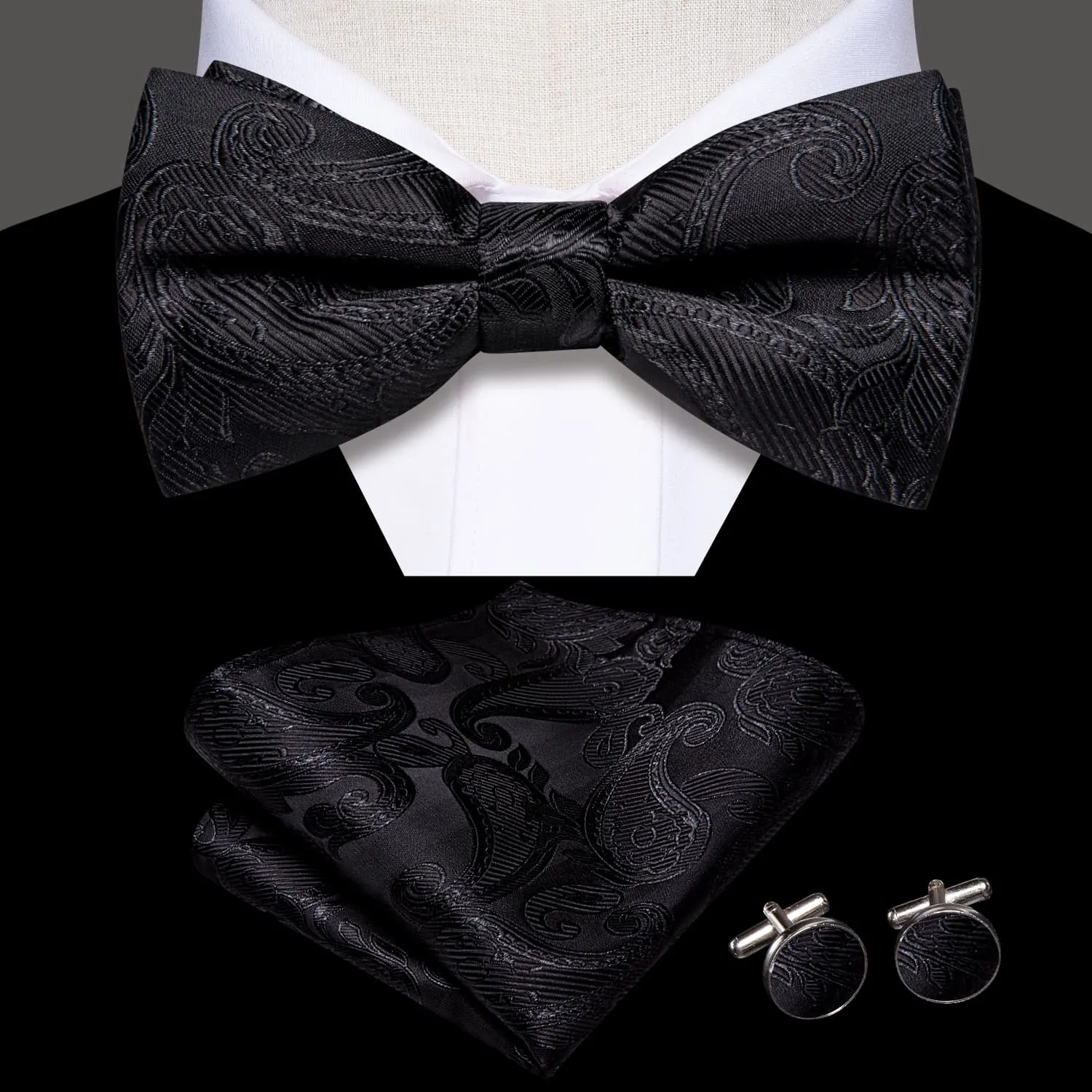Hi-Tie Black Wedding Bowtie for Men Paisley Tie Hanky Cufflinks Set
