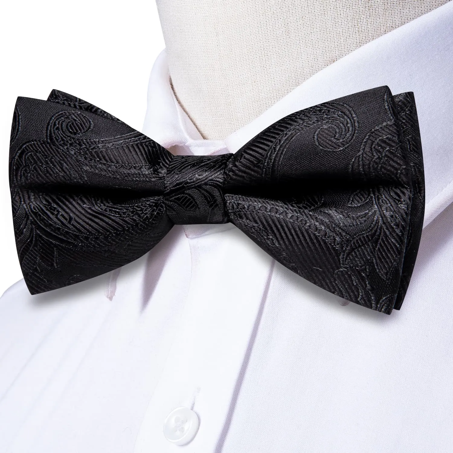Hi-Tie Black Wedding Bowtie for Men Paisley Tie Hanky Cufflinks Set