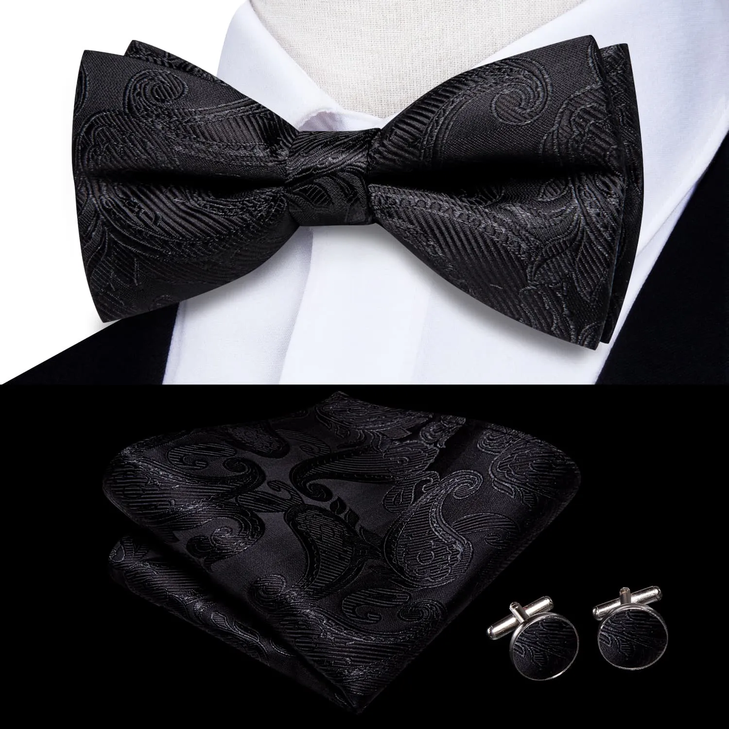 Hi-Tie Black Wedding Bowtie for Men Paisley Tie Hanky Cufflinks Set