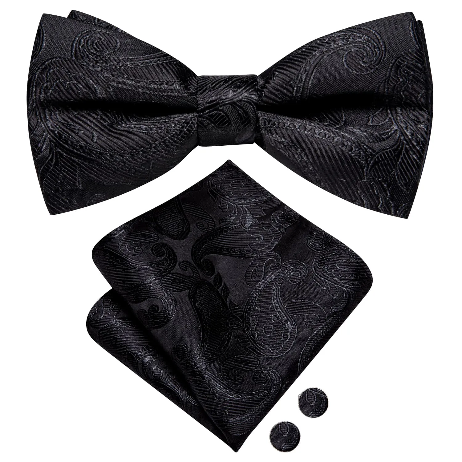 Hi-Tie Black Wedding Bowtie for Men Paisley Tie Hanky Cufflinks Set