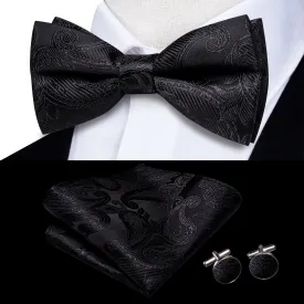 Hi-Tie Black Wedding Bowtie for Men Paisley Tie Hanky Cufflinks Set