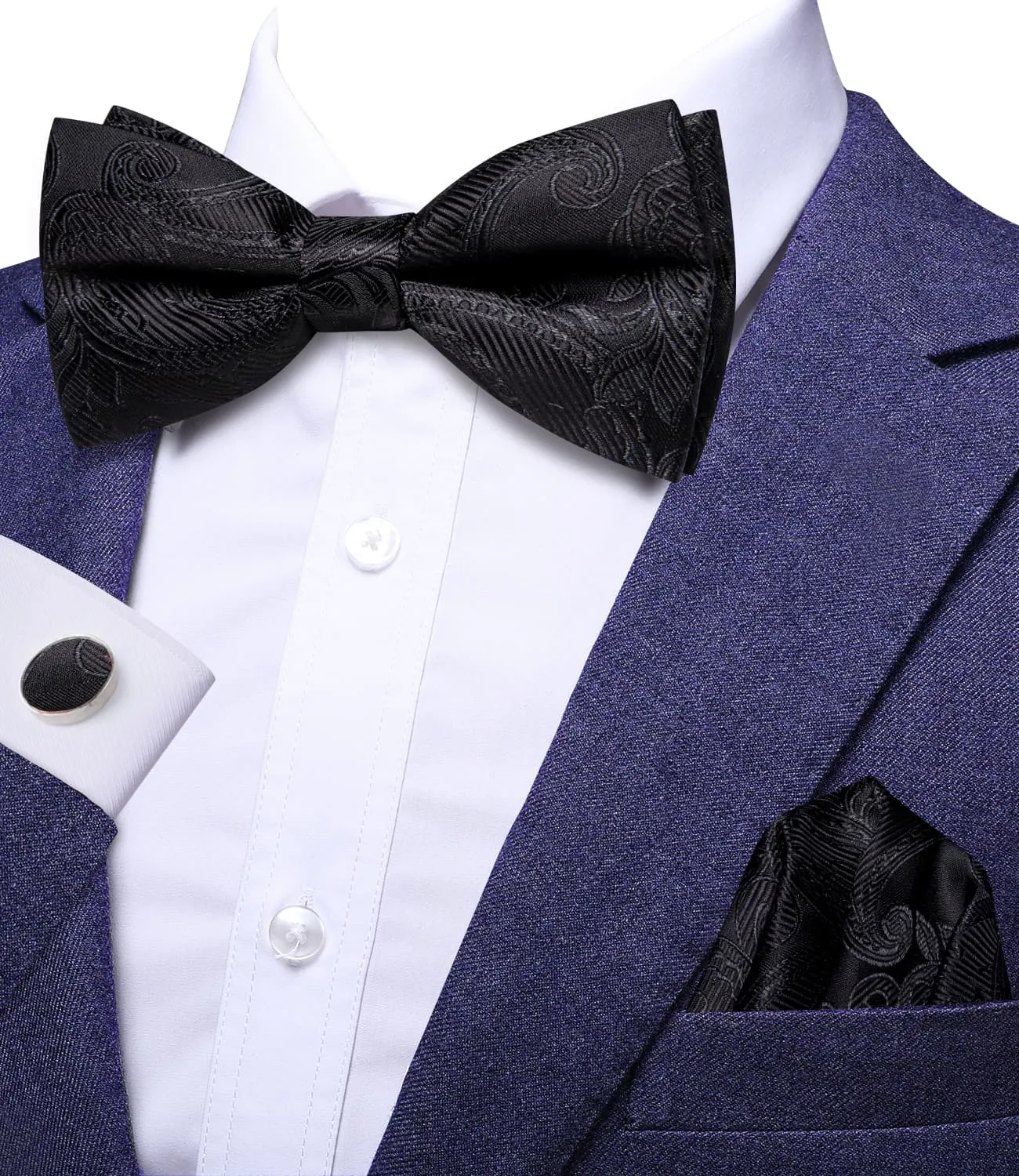 Hi-Tie Black Wedding Bowtie for Men Paisley Tie Hanky Cufflinks Set