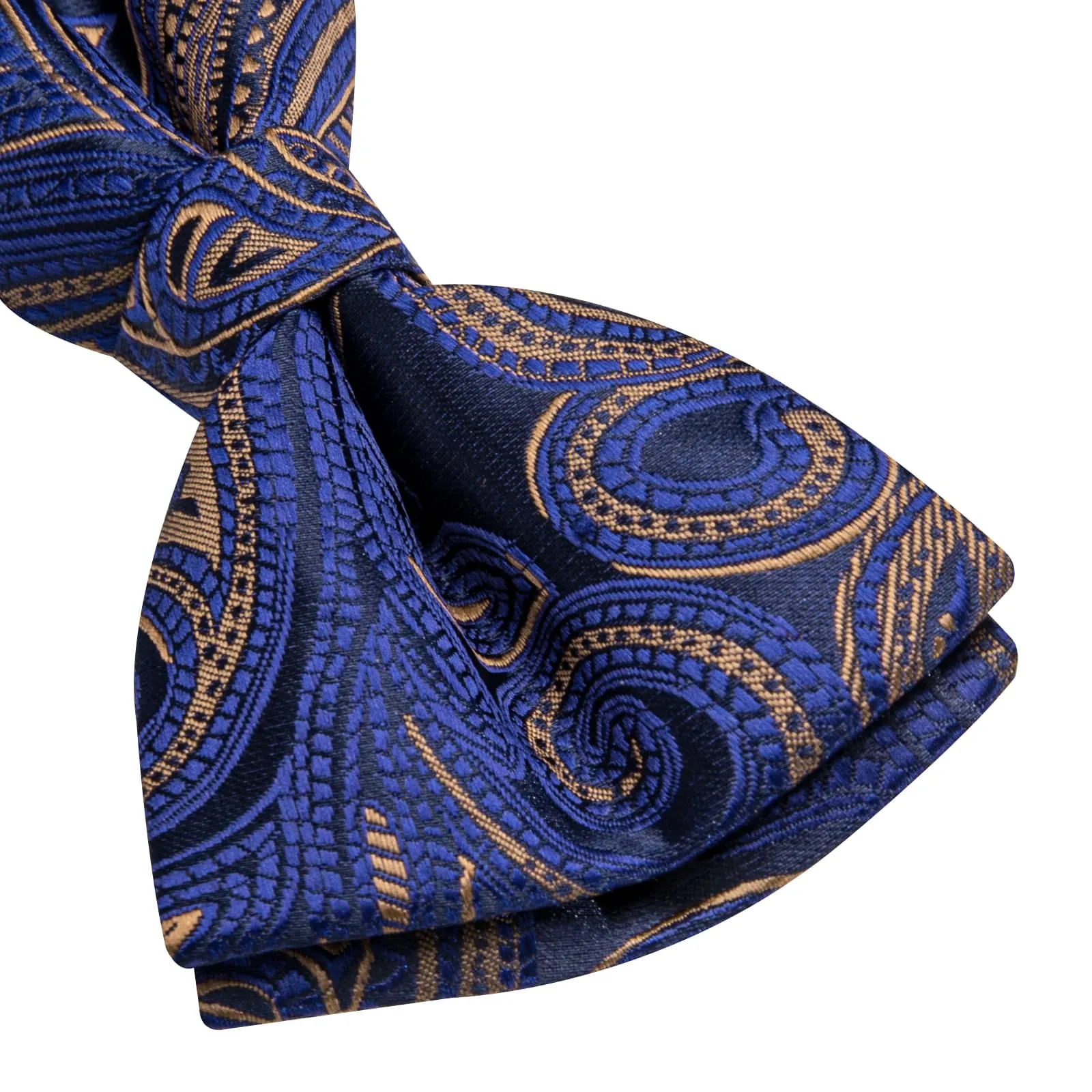 Hi-Tie Blue Bowtie Brown Line Paisley Men's Tie Hanky Cufflinks Set
