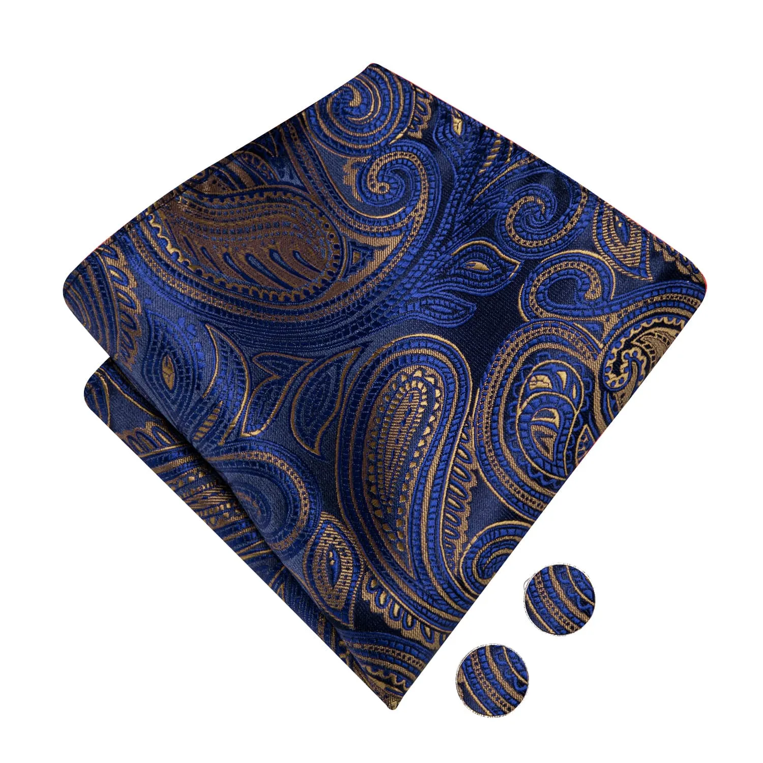 Hi-Tie Blue Bowtie Brown Line Paisley Men's Tie Hanky Cufflinks Set