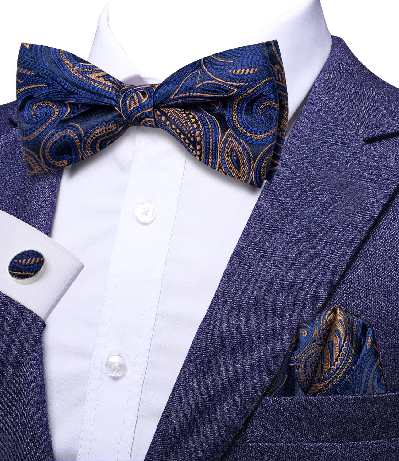 Hi-Tie Blue Bowtie Brown Line Paisley Men's Tie Hanky Cufflinks Set