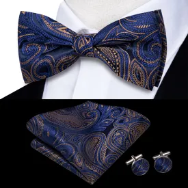 Hi-Tie Blue Bowtie Brown Line Paisley Men's Tie Hanky Cufflinks Set