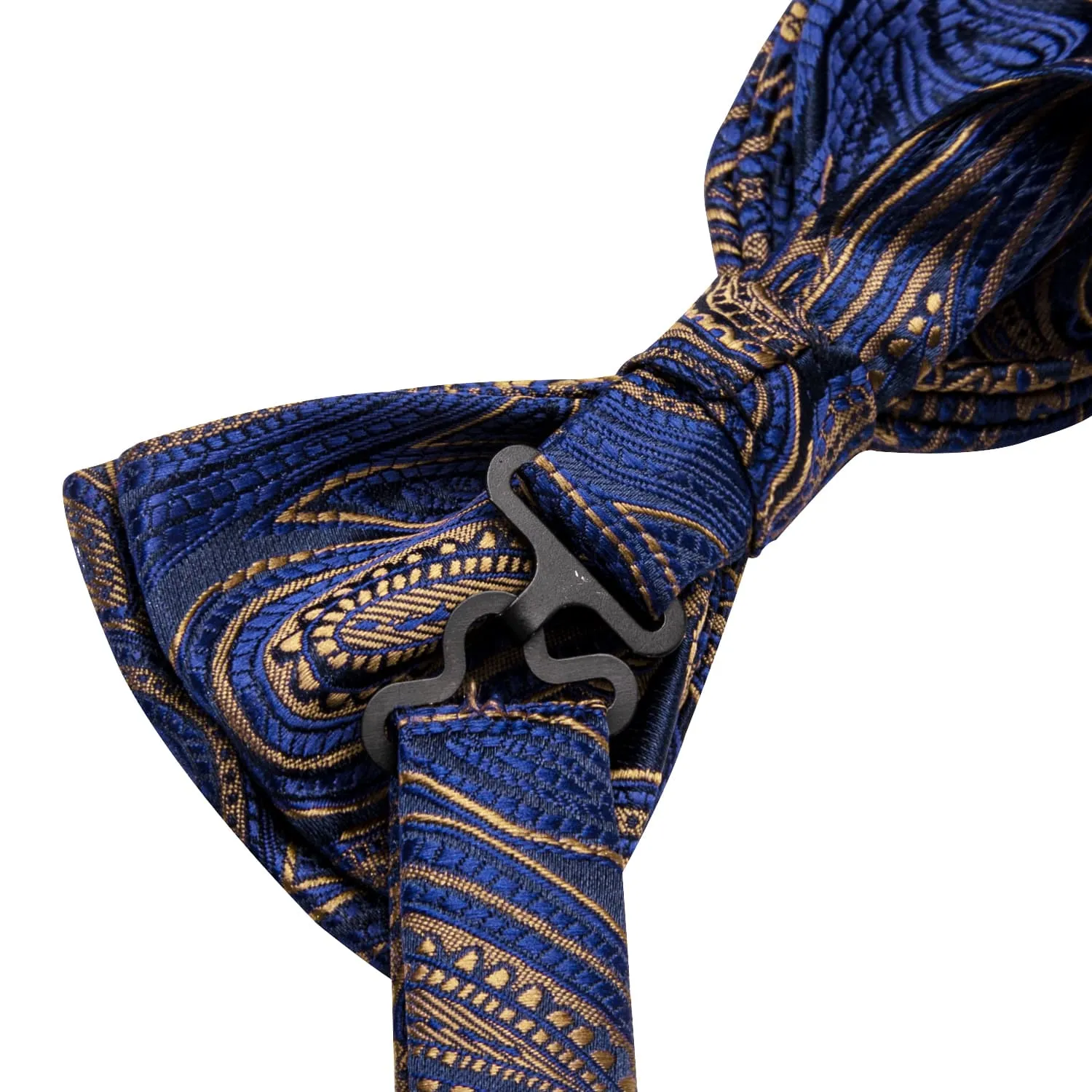 Hi-Tie Blue Bowtie Brown Line Paisley Men's Tie Hanky Cufflinks Set