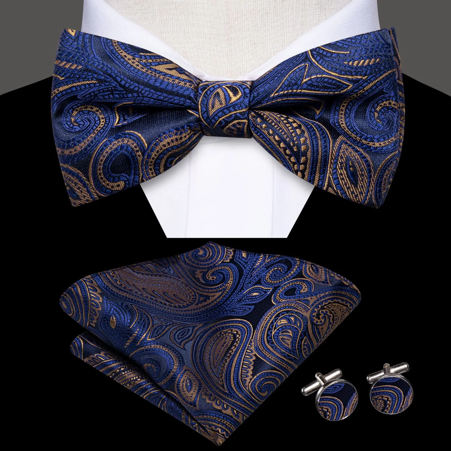 Hi-Tie Blue Bowtie Brown Line Paisley Men's Tie Hanky Cufflinks Set