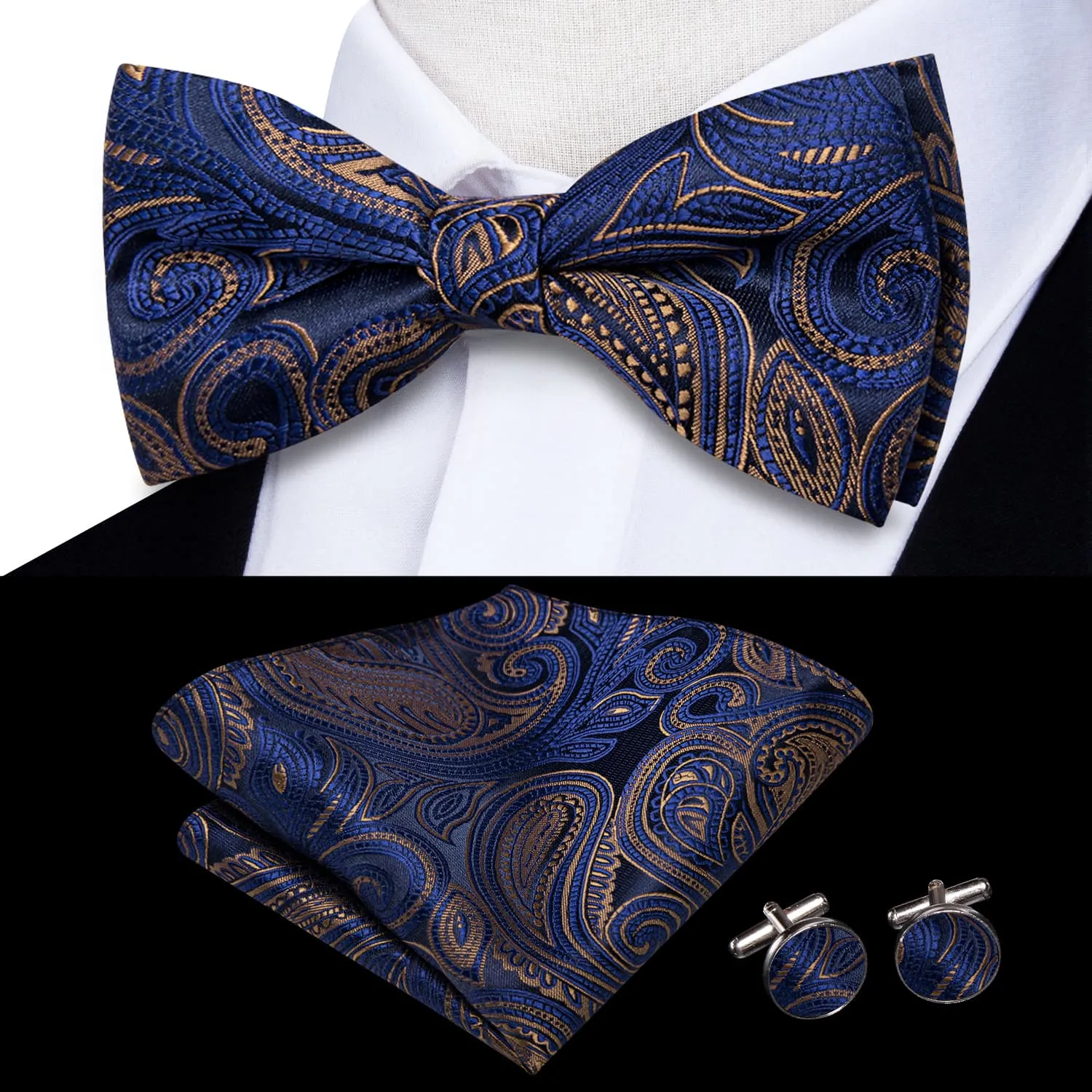 Hi-Tie Blue Bowtie Brown Line Paisley Men's Tie Hanky Cufflinks Set