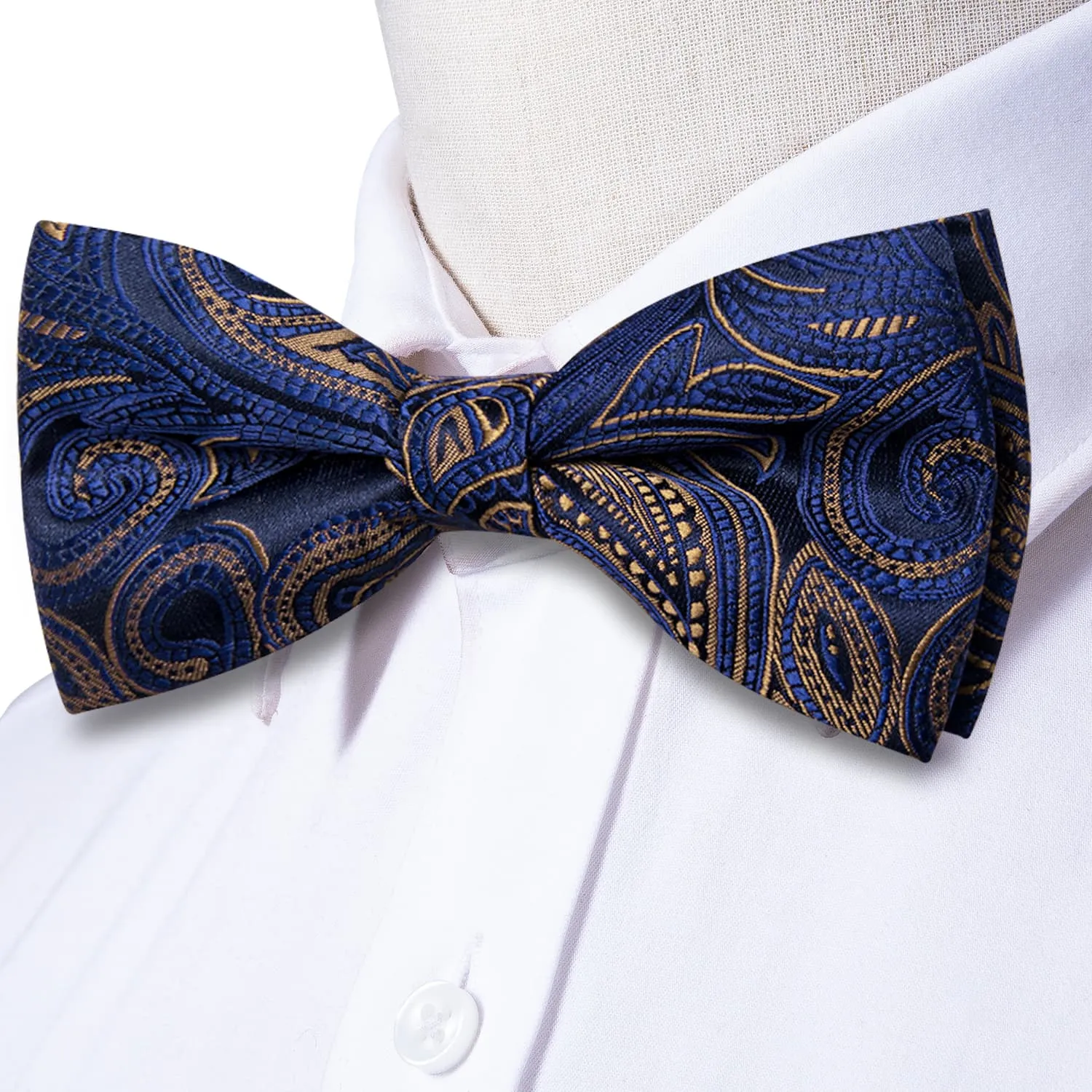 Hi-Tie Blue Bowtie Brown Line Paisley Men's Tie Hanky Cufflinks Set