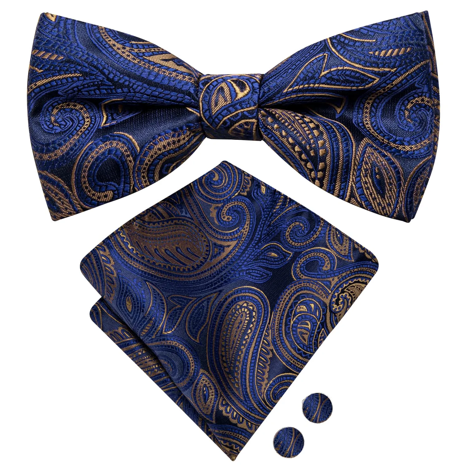 Hi-Tie Blue Bowtie Brown Line Paisley Men's Tie Hanky Cufflinks Set