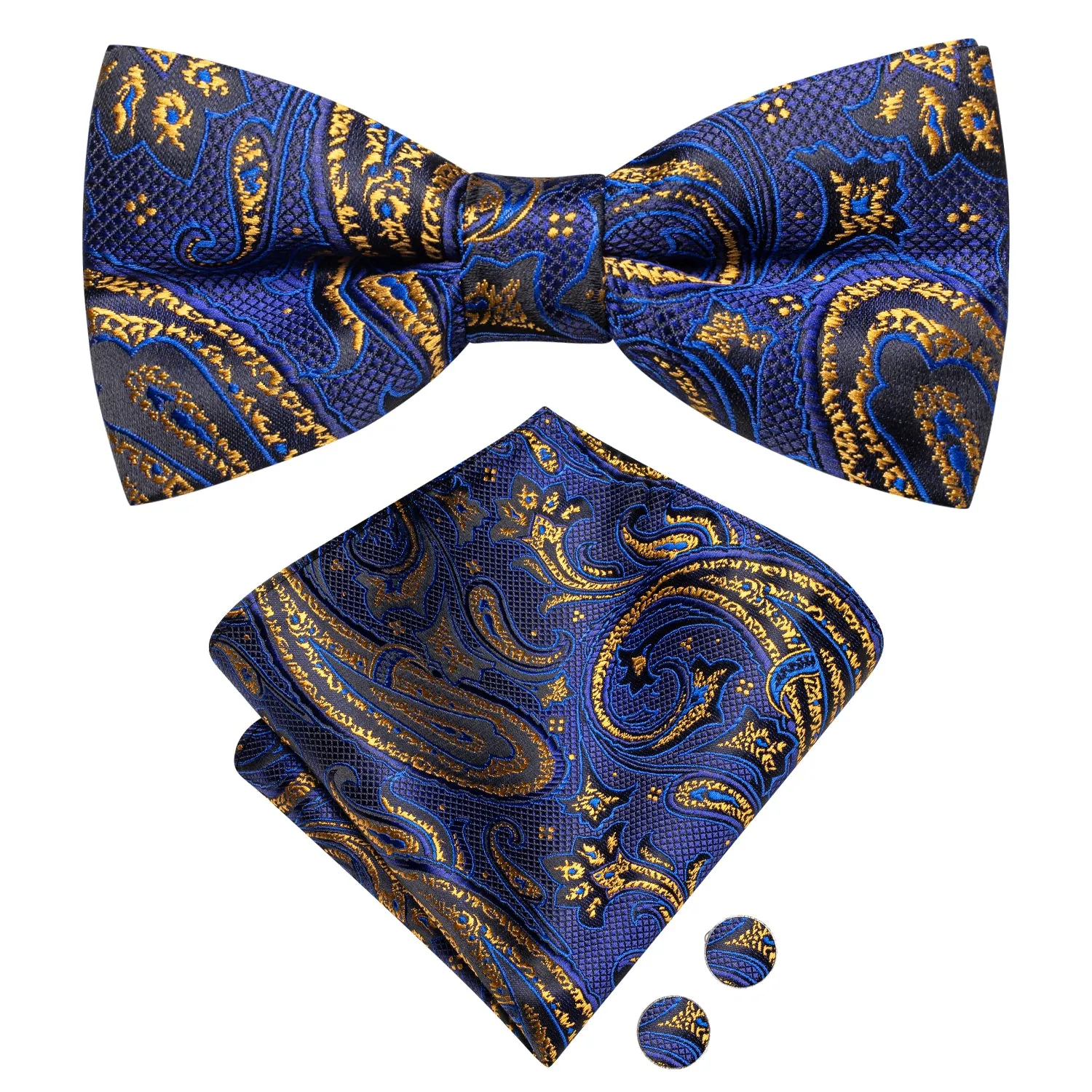 Hi-Tie Blue Golden Paisley Silk Pre-tied Bow Tie Hanky Cufflinks Set
