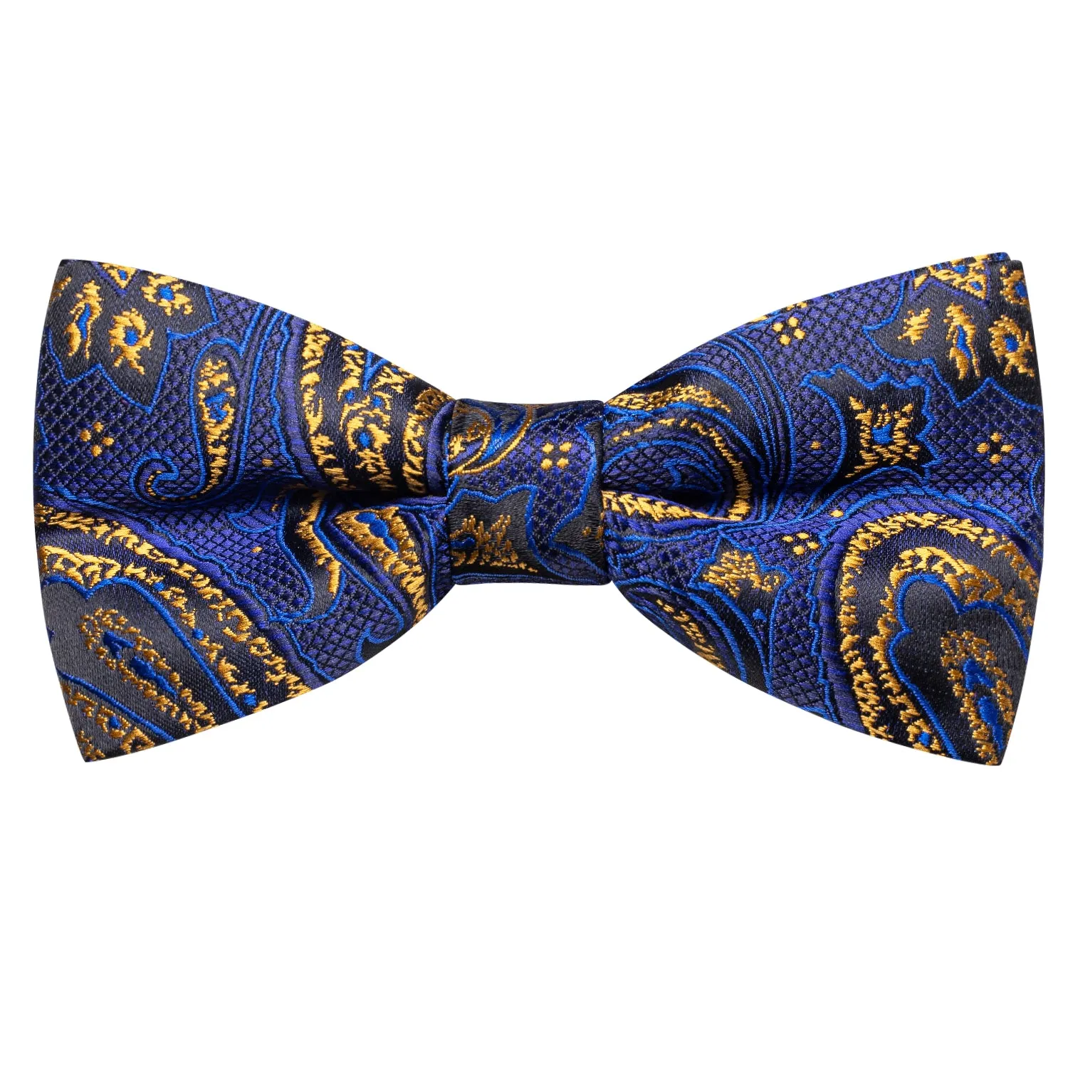 Hi-Tie Blue Golden Paisley Silk Pre-tied Bow Tie Hanky Cufflinks Set