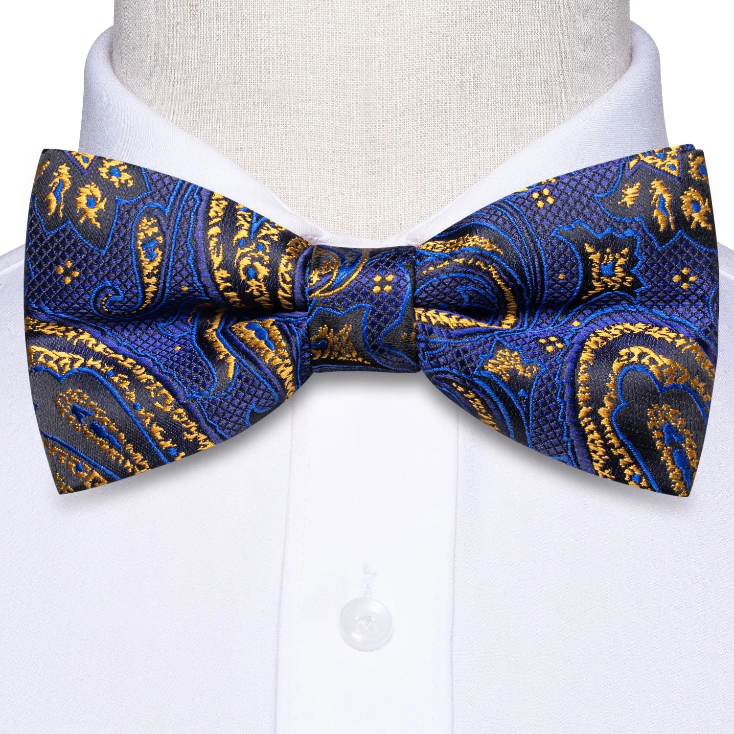 Hi-Tie Blue Golden Paisley Silk Pre-tied Bow Tie Hanky Cufflinks Set