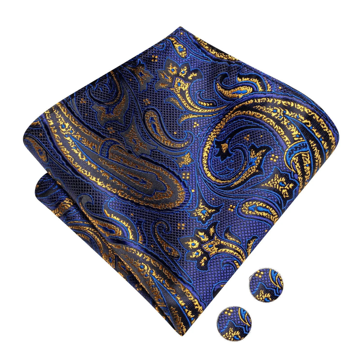 Hi-Tie Blue Golden Paisley Silk Pre-tied Bow Tie Hanky Cufflinks Set