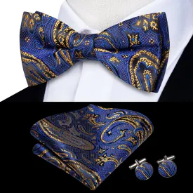 Hi-Tie Blue Golden Paisley Silk Pre-tied Bow Tie Hanky Cufflinks Set
