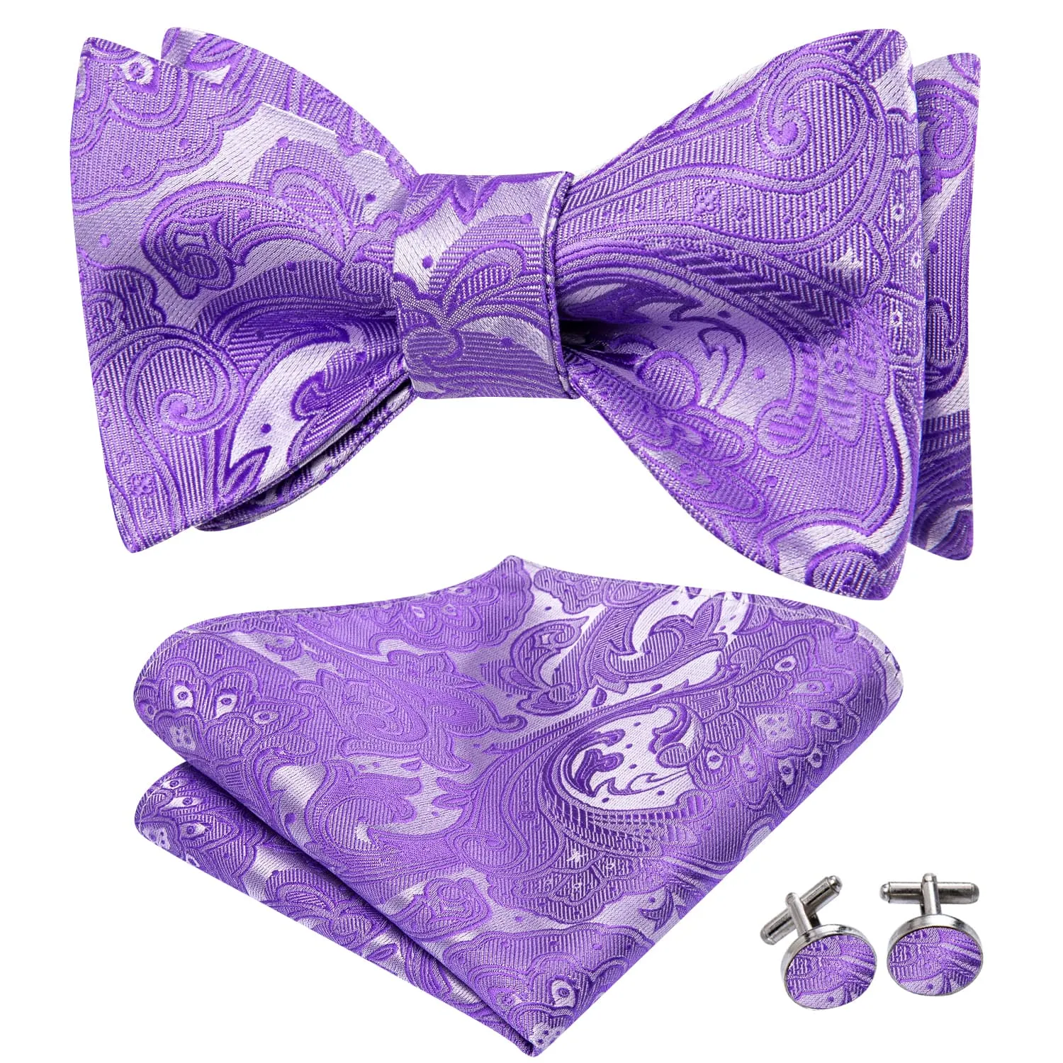 Hi-Tie Bowtie Periwinkle Purple Floral Purple Tie Hanky Cufflinks Set