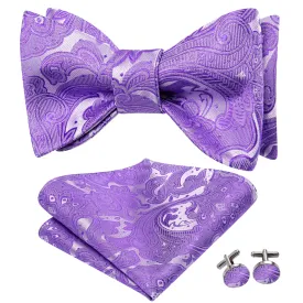 Hi-Tie Bowtie Periwinkle Purple Floral Purple Tie Hanky Cufflinks Set
