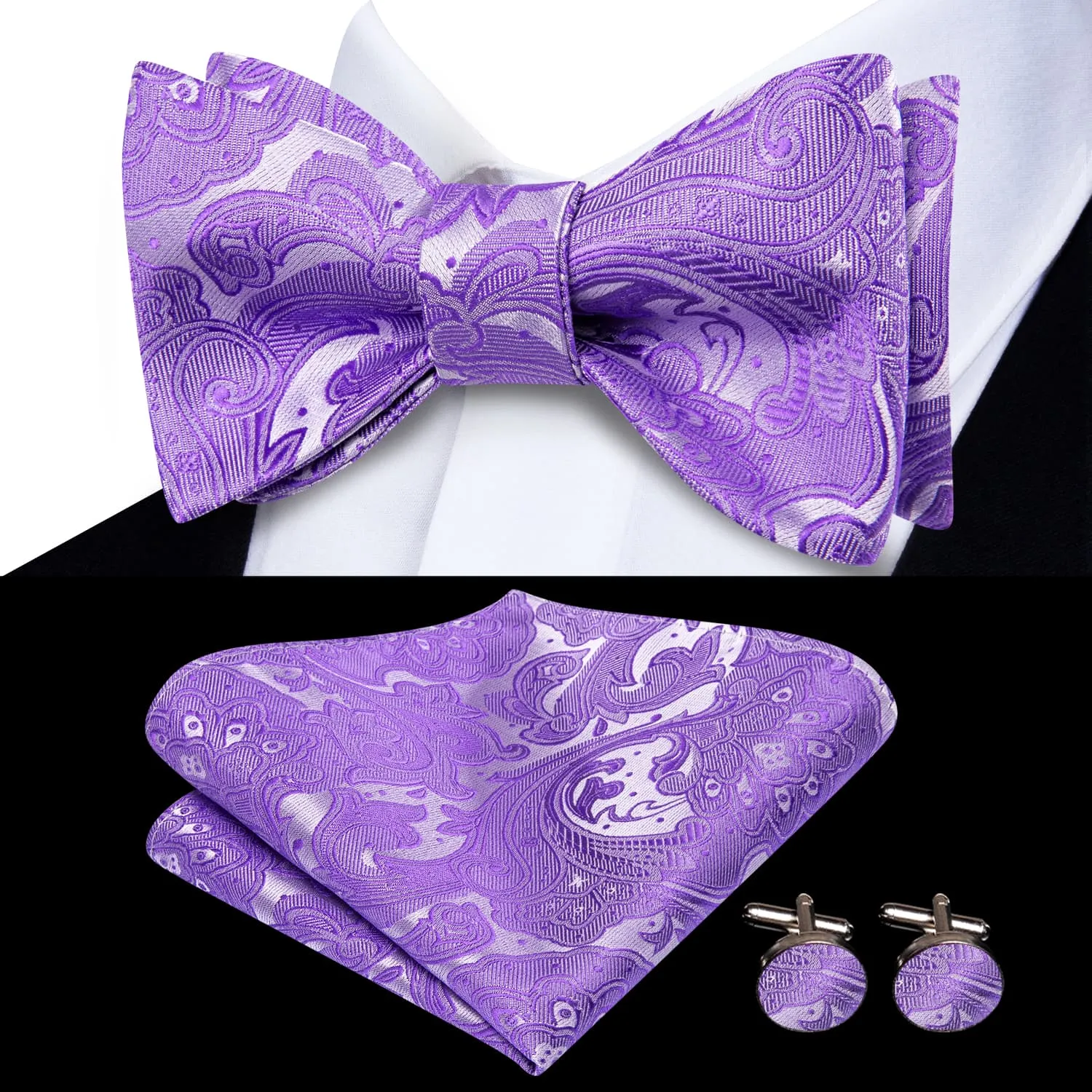 Hi-Tie Bowtie Periwinkle Purple Floral Purple Tie Hanky Cufflinks Set