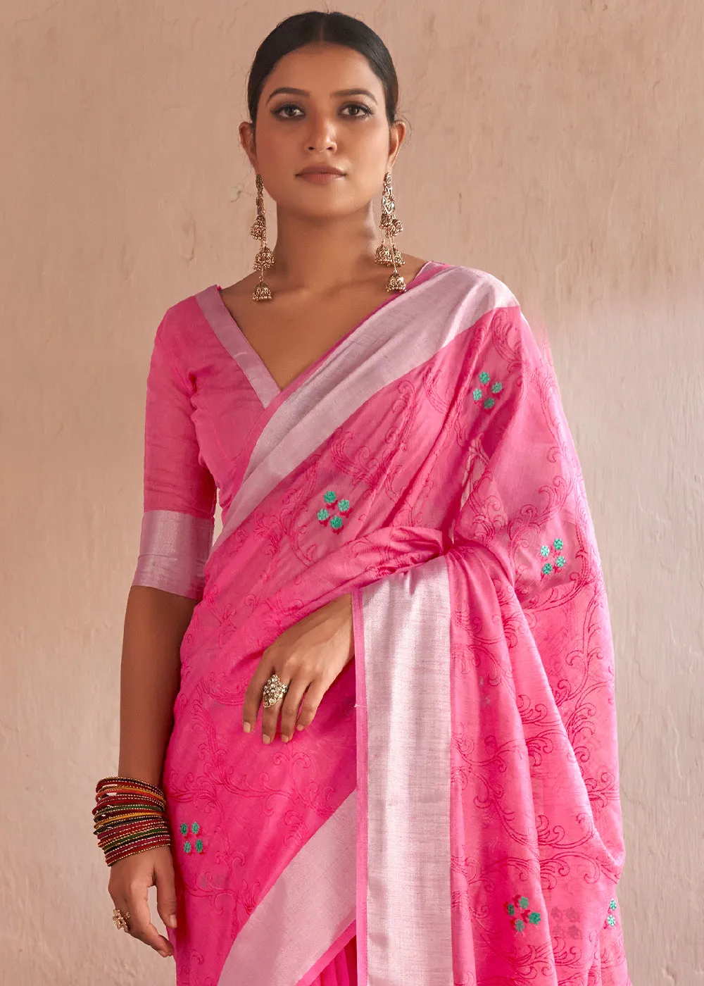 Hot Pink Floral Embroidered Linen Saree