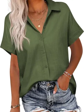 HOTOUCH Linen Button Down Shirt Women Short Sleeve Cotton Blouses V Neck Collared Summer Beach Tops S-2XL