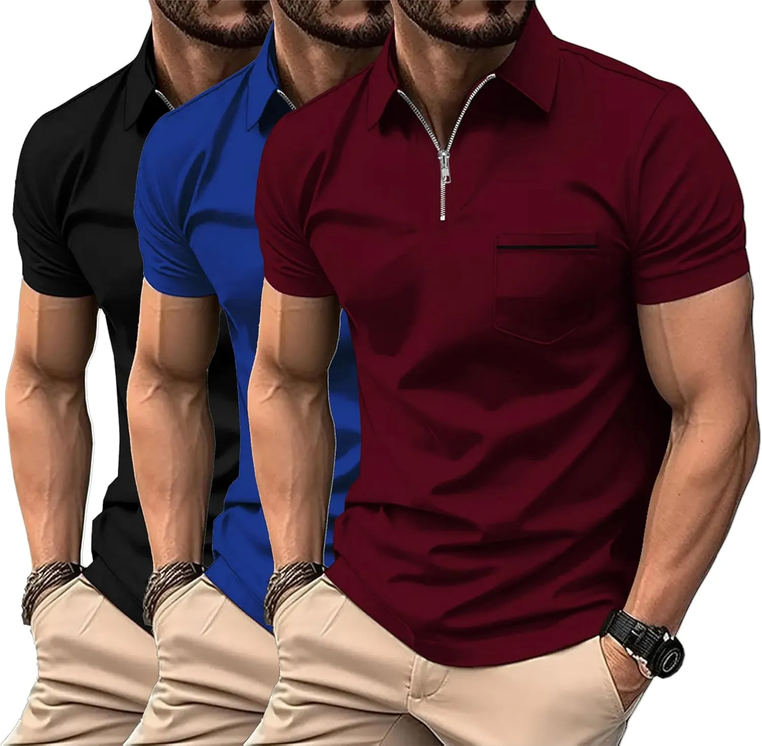 JACKETOWN 3 Pack Polo Shirt for Men Quarter Zip Polo T Shirt Casual Short Sleeve Collared Shirts with Pocket