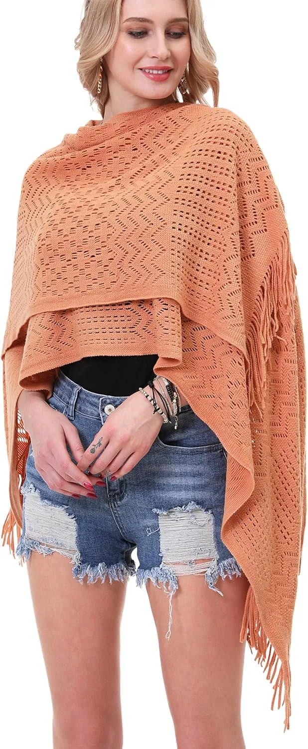 Knit Shawl Wrap for Women - Soul Young Ladies Fringe Knitted Poncho Cardigan Cape