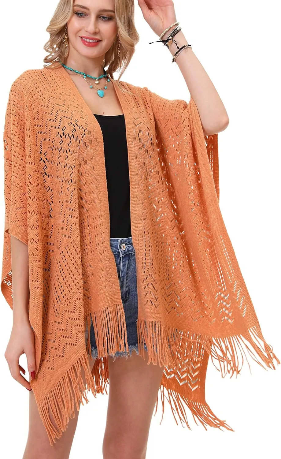 Knit Shawl Wrap for Women - Soul Young Ladies Fringe Knitted Poncho Cardigan Cape