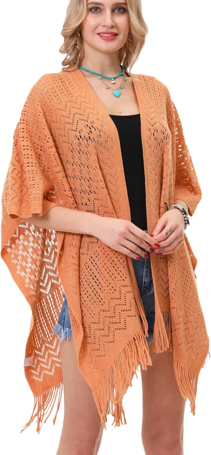 Knit Shawl Wrap for Women - Soul Young Ladies Fringe Knitted Poncho Cardigan Cape