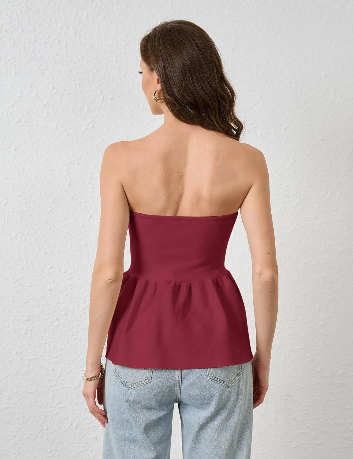 Lauweion Womens Strapless Peplum Top Flowy Slim Fit Casual Ruffle Hem Babydoll Bandeau Summer Knit Tube Tops